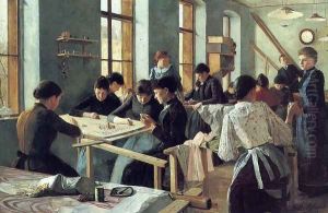 Ladies embroidering in a workshop by Heinrich Strehblow