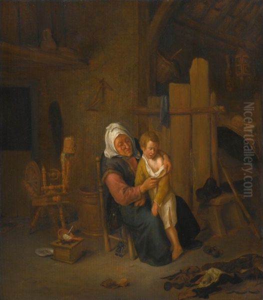 A Woman Undressing A Young Boy 
In An Interior, Another Child Lying In A Bed In The Background - view 1