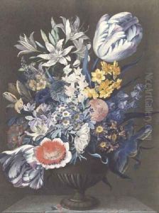 Urn with Flowers on a Marble Table by J.A. Simson