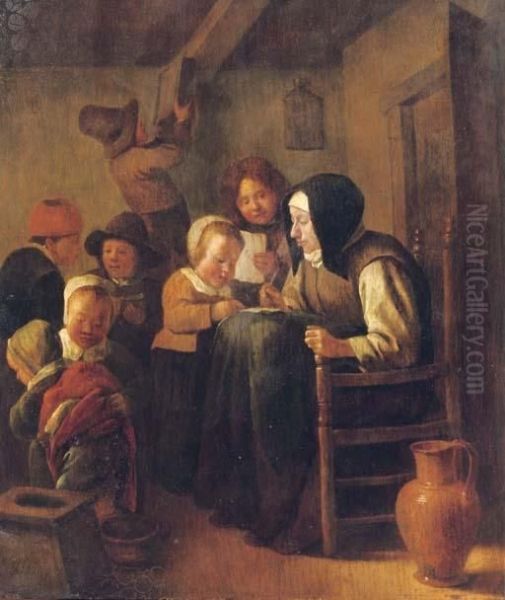 A Woman Teaching Children To Read And Write In An Interior - view 1