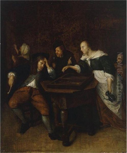 An Interior With Figures Playing Tric-trac - view 1