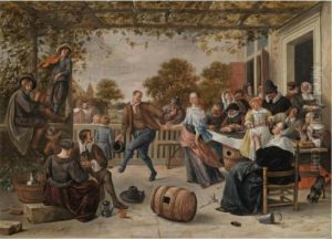 A Terrace With A Couple Dancing 
To A Pipe And Fiddle, Peasants Eating And Merrymaking Behind [engraved 
By Milius, Paris, Published By 1876.] by Jan Steen