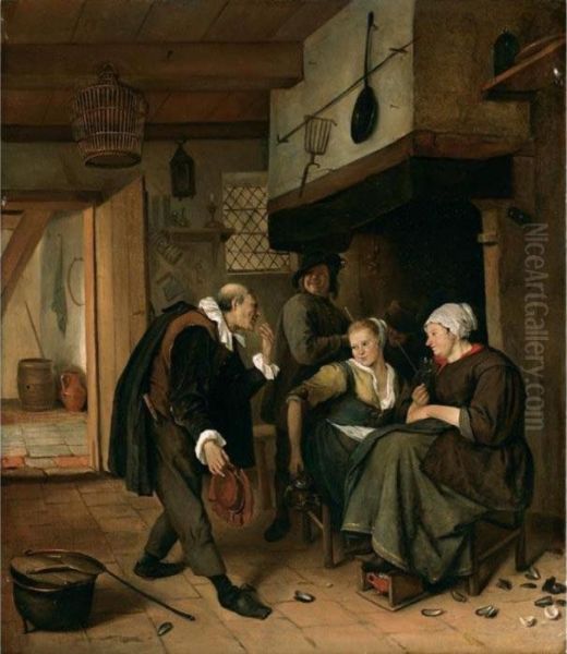 "oude Vrijer - Jonge Meid"; A Comical Figure Greeting A Young Woman In An Interior - view 1
