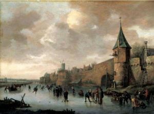 A Winter Landscape With Figures
Skating, Playing Kolf And Conversing On A Frozen River Outside The Walls
Of A Fortified Town. by Jan Steen