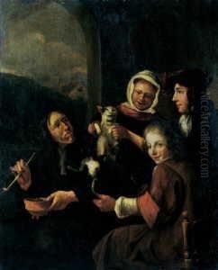 Vier Personen Belustigen Sich Mit Einer Katze. by Jan Steen
