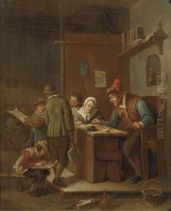 A Classroom Interior With A School Master Correcting Pupils'papers by Jan Steen