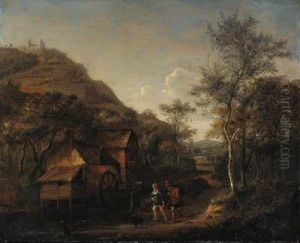 A Wooded Landscape With Peasants On A Path By A Watermill, A Hillbeyond by Jan Steen
