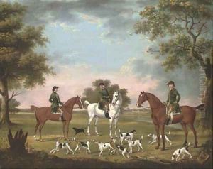 Huntsmen and hounds in a river landscape with stables beyond