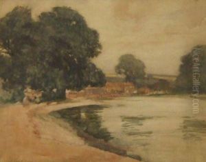 Washerwomen By Waterside With Cottage Indistance by Philip Wilson Steer