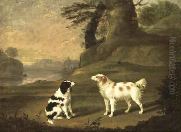 Two spaniels in a wooded river landscape - view 1