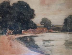 Figures Promenading By Pond With A Cottage Andwoodland Beyond by Philip Wilson Steer