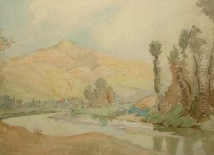 River Landscape With A Village And Mountains In Thedistance by Philip Wilson Steer