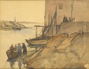 Low Tide, Aharbour Scene With Figures And Boats by Philip Wilson Steer