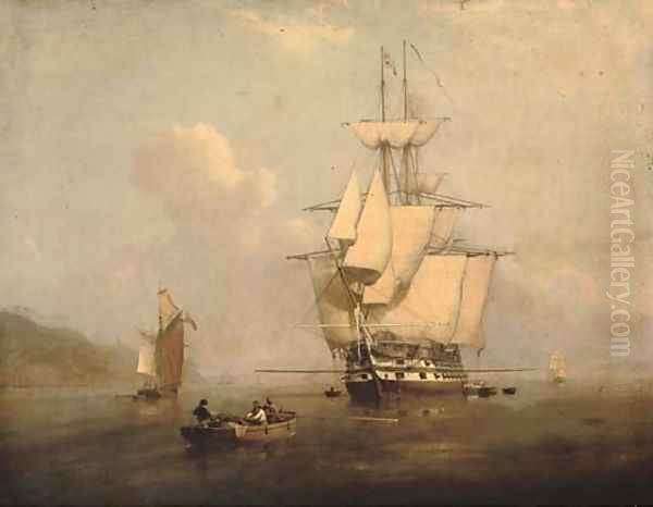 A two-decker drying her sails and airing ship, lying at anchor - view 1