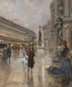 A Flower Seller Outside The Paris Operahouse by Georges Stein