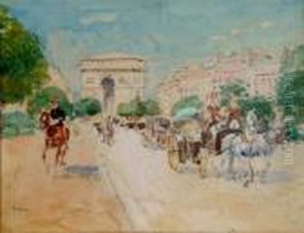 Horsedrawn Carriages With The Arc De Triomphe In The Background - view 1