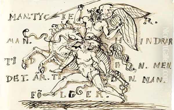 A winged figure, mounted and holding a javelin and a ring, racing against a nude figure on foot An allegory of Eternity and Youth - view 1