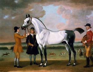 The Duke of Boltons Starling with a jockey and groom at Newmarket, 1734