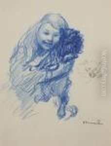 Sa Fille Colette Avec Son Chien. by Theophile Alexandre Steinlen