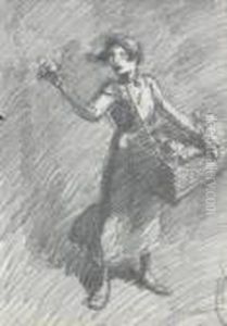 La Petite Marchande De Fleurs Crayon Noir by Theophile Alexandre Steinlen
