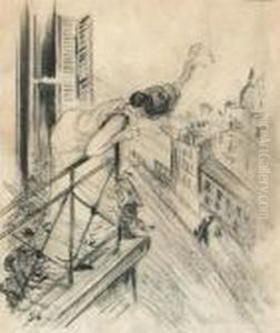 Farewell Scene With Waving Woman On Balcony. by Theophile Alexandre Steinlen