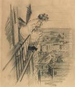 Woman With Cat On Balcony. by Theophile Alexandre Steinlen