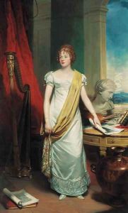 Portrait of a lady, full-length, in a white dress with a yellow silk sash by Sir Martin Archer Shee