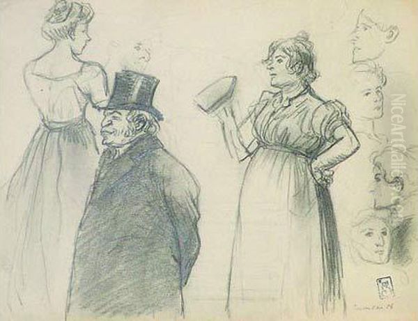 Etude De Figures Dont Homme En
Manteau Et Chapeau Haut De Forme Et Femme Au Fer A Repasser - view 1