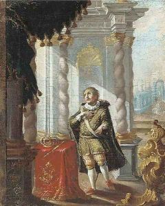 Saint Ferdinand of Castile, his crown and sceptre resting on a draped table, in a feigned border by Karel Skreta