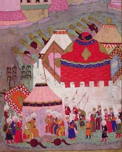 TSM H.1524 Siege of Vienna by Suleyman I 1494-1566 the Magnificent, in 1529, from the Hunername by Lokman, detail of the Ottoman camp, 1588 by I the Magnificent Suleyman