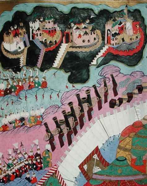Siege of a Christian Fortress, detail of the artillery, illustration from The Military Campaigns of Suleyman I 1494-1566 the Magnificent - view 1