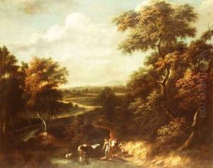 An extensive wooded landscape with a herdsman and a peasant girl by Jan Philip Spalthof