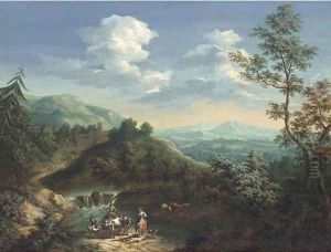 An extensive mountainous landscape with a drover, his cattle, a shepherd and his flock and a shepherdess on a river bank