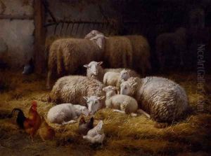 Sheep And Chickens In A Farm Interior by Theo van Sluys