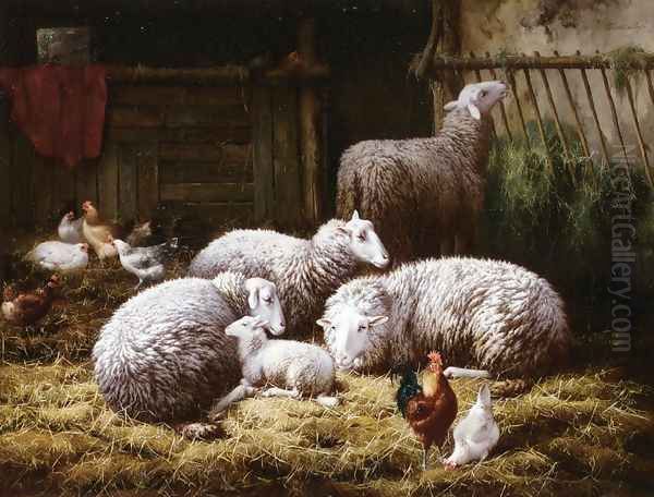 Sheep, Roosters and Chickens in a Barn - view 1