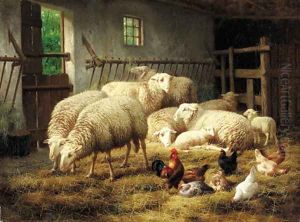 A stable with sheep and chickens by Theo van Sluys