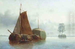 Haybarges and a two-master on a calm by Theo van Sluys