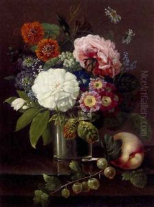 Roses, marigolds, daises, primroses and other summer blooms in a glass by a peach and a sprig of gooseberries by Johan Carl Smirsch