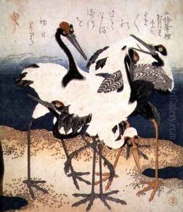 Five Cranes with White Feathers in Various Poses on a Spit of Sand, from Three Petals series, c.1816 by Kubo Shumman