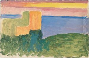 Study Of A Coastal Landscape With A Building And Sunset. by Joseph Stella
