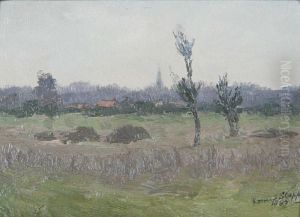 Studie Voor Landschap Met Kerktoren Op De Achtergrond