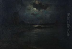 Nachtgezicht Over De Schelde Met Aangemeerde Sloepen Nabij Windmolen by Romain Steppe