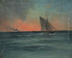 Marine Met Zeilboot En Stoomschip Op Kalme Zee by Romain Steppe