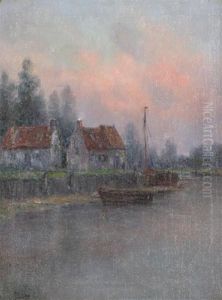 River Curve With Houses And Yacht by Romain Steppe