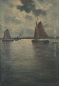 Yachts On The River Schelde With Village At The Bank Yachts On The River Schelde With Village At The Bank