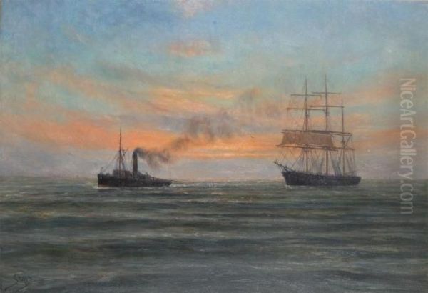 Marine With Steamer And Threemaster - view 1