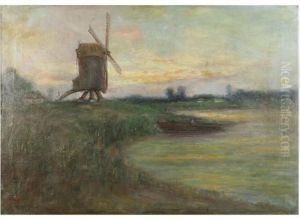 Landscape With Mill And Boat At Sunset by Romain Steppe