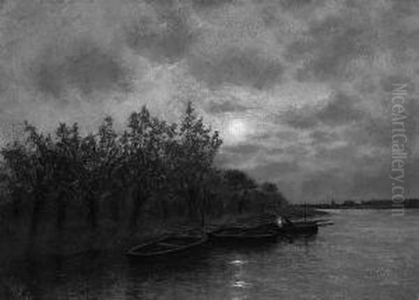 "boote Am Flussufer Bei Mondschein ". Sign. Ol Auf Lwd. Rest. 50,5 X 70 Cm. Rahmen - view 1
