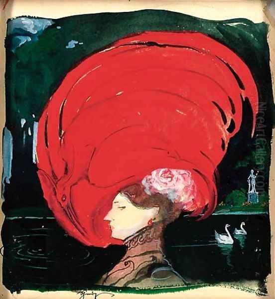A lady in a large red hat - view 1