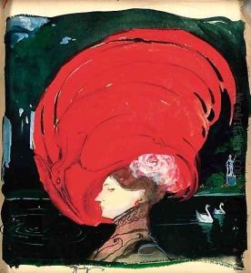 A lady in a large red hat by Leon Schnug
